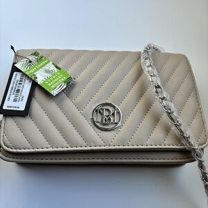 NWT Studio Badgley Mischka Taupe Crossbody Bag with Round Logo Vegan Leather